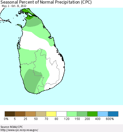 Sri Lanka Seasonal Percent of Normal Precipitation (CPC) Thematic Map For 5/1/2022 - 10/31/2022