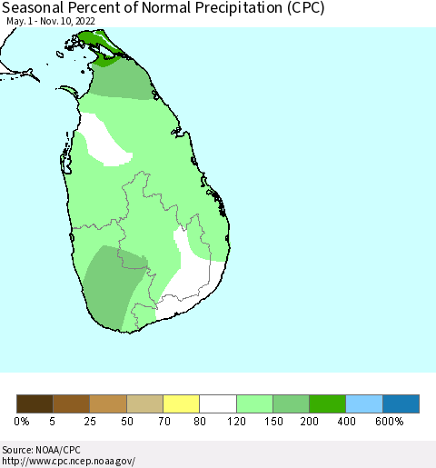 Sri Lanka Seasonal Percent of Normal Precipitation (CPC) Thematic Map For 5/1/2022 - 11/10/2022