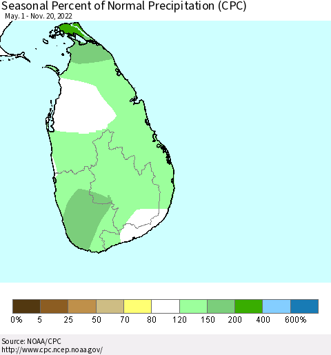 Sri Lanka Seasonal Percent of Normal Precipitation (CPC) Thematic Map For 5/1/2022 - 11/20/2022