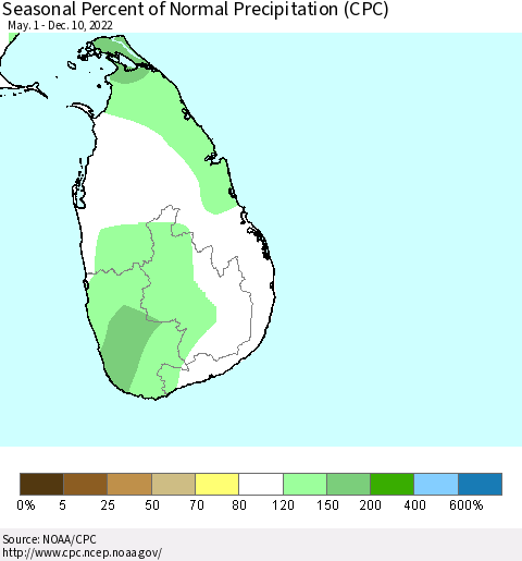 Sri Lanka Seasonal Percent of Normal Precipitation (CPC) Thematic Map For 5/1/2022 - 12/10/2022