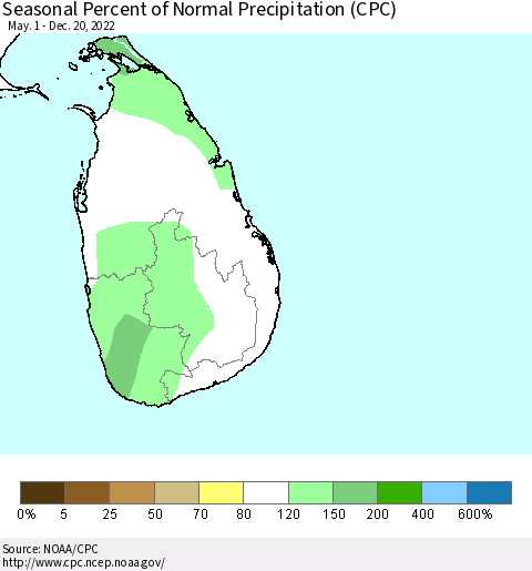 Sri Lanka Seasonal Percent of Normal Precipitation (CPC) Thematic Map For 5/1/2022 - 12/20/2022