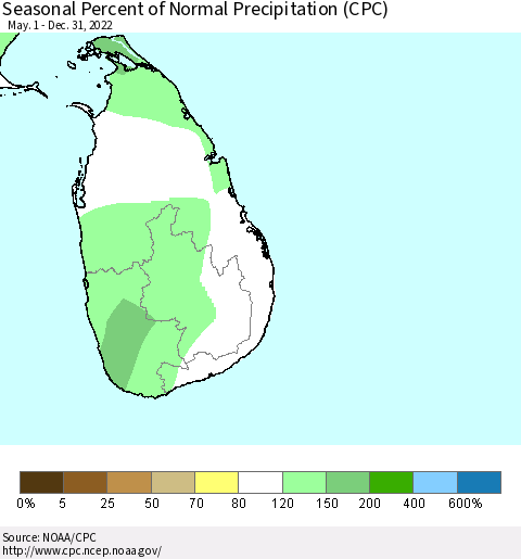 Sri Lanka Seasonal Percent of Normal Precipitation (CPC) Thematic Map For 5/1/2022 - 12/31/2022
