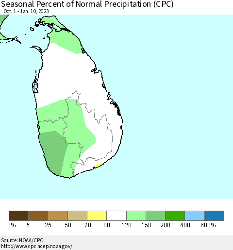 Sri Lanka Seasonal Percent of Normal Precipitation (CPC) Thematic Map For 10/1/2022 - 1/10/2023