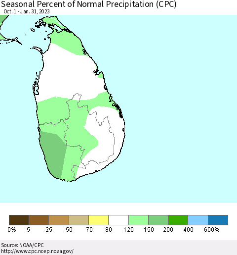Sri Lanka Seasonal Percent of Normal Precipitation (CPC) Thematic Map For 10/1/2022 - 1/31/2023