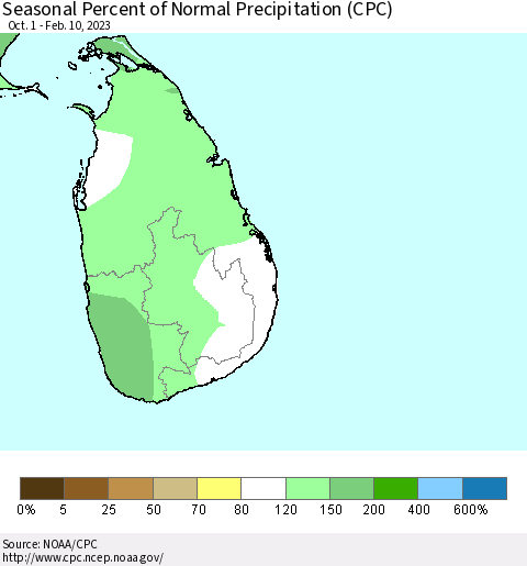 Sri Lanka Seasonal Percent of Normal Precipitation (CPC) Thematic Map For 10/1/2022 - 2/10/2023