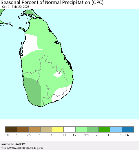 Sri Lanka Seasonal Percent of Normal Precipitation (CPC) Thematic Map For 10/1/2022 - 2/20/2023