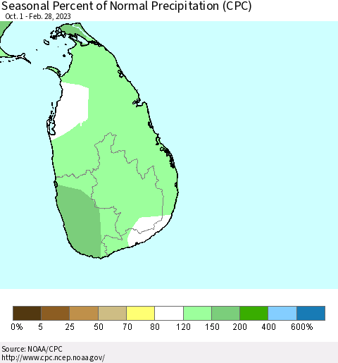 Sri Lanka Seasonal Percent of Normal Precipitation (CPC) Thematic Map For 10/1/2022 - 2/28/2023