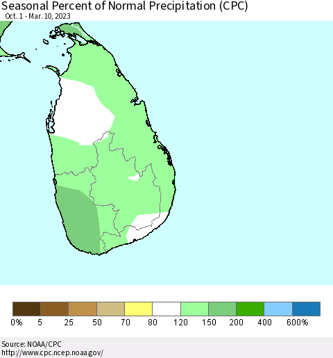 Sri Lanka Seasonal Percent of Normal Precipitation (CPC) Thematic Map For 10/1/2022 - 3/10/2023
