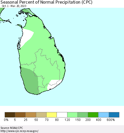 Sri Lanka Seasonal Percent of Normal Precipitation (CPC) Thematic Map For 10/1/2022 - 3/20/2023