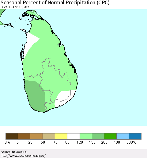 Sri Lanka Seasonal Percent of Normal Precipitation (CPC) Thematic Map For 10/1/2022 - 4/10/2023