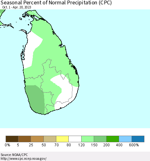 Sri Lanka Seasonal Percent of Normal Precipitation (CPC) Thematic Map For 10/1/2022 - 4/20/2023
