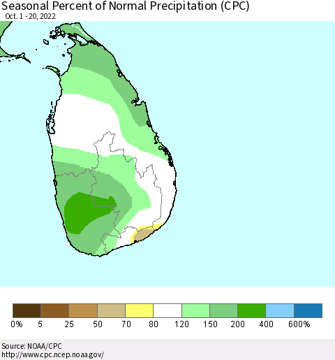 Sri Lanka Seasonal Percent of Normal Precipitation (CPC) Thematic Map For 10/1/2022 - 10/20/2022