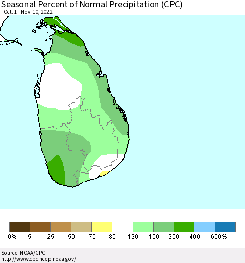 Sri Lanka Seasonal Percent of Normal Precipitation (CPC) Thematic Map For 10/1/2022 - 11/10/2022