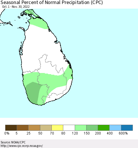 Sri Lanka Seasonal Percent of Normal Precipitation (CPC) Thematic Map For 10/1/2022 - 11/30/2022