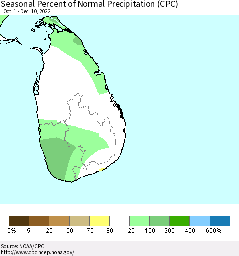 Sri Lanka Seasonal Percent of Normal Precipitation (CPC) Thematic Map For 10/1/2022 - 12/10/2022