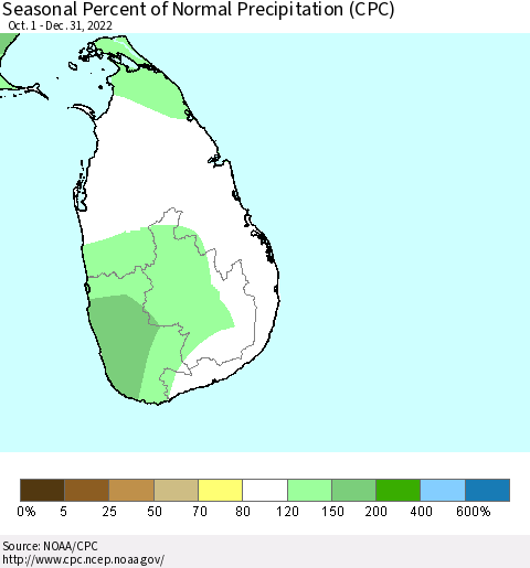 Sri Lanka Seasonal Percent of Normal Precipitation (CPC) Thematic Map For 10/1/2022 - 12/31/2022