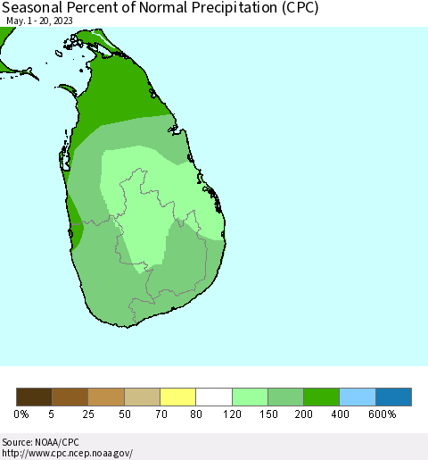 Sri Lanka Seasonal Percent of Normal Precipitation (CPC) Thematic Map For 5/1/2023 - 5/20/2023