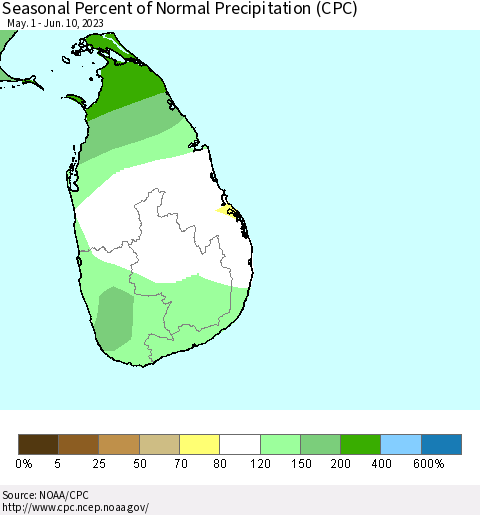 Sri Lanka Seasonal Percent of Normal Precipitation (CPC) Thematic Map For 5/1/2023 - 6/10/2023