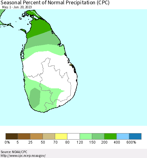 Sri Lanka Seasonal Percent of Normal Precipitation (CPC) Thematic Map For 5/1/2023 - 6/20/2023