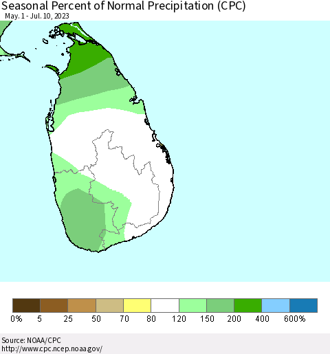 Sri Lanka Seasonal Percent of Normal Precipitation (CPC) Thematic Map For 5/1/2023 - 7/10/2023