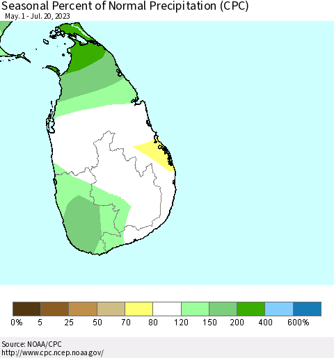Sri Lanka Seasonal Percent of Normal Precipitation (CPC) Thematic Map For 5/1/2023 - 7/20/2023