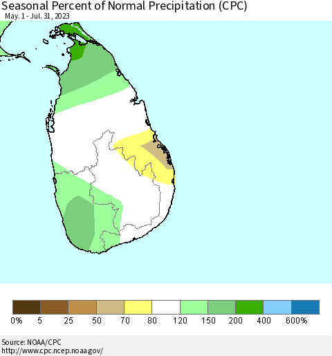 Sri Lanka Seasonal Percent of Normal Precipitation (CPC) Thematic Map For 5/1/2023 - 7/31/2023