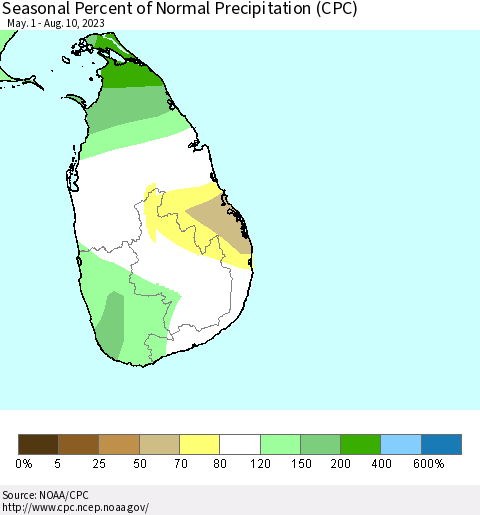 Sri Lanka Seasonal Percent of Normal Precipitation (CPC) Thematic Map For 5/1/2023 - 8/10/2023