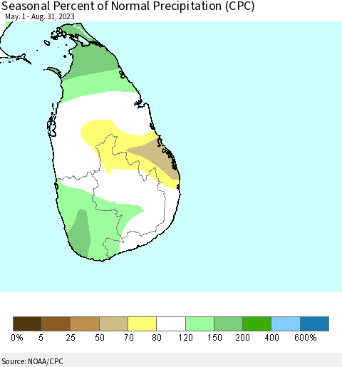 Sri Lanka Seasonal Percent of Normal Precipitation (CPC) Thematic Map For 5/1/2023 - 8/31/2023
