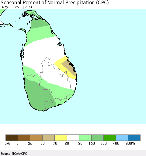 Sri Lanka Seasonal Percent of Normal Precipitation (CPC) Thematic Map For 5/1/2023 - 9/10/2023