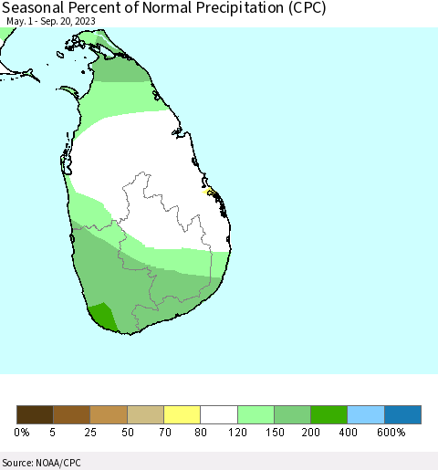 Sri Lanka Seasonal Percent of Normal Precipitation (CPC) Thematic Map For 5/1/2023 - 9/20/2023