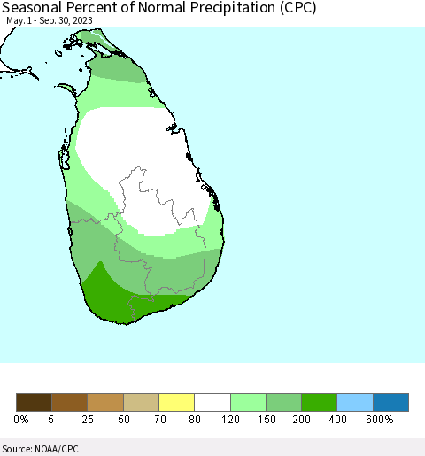 Sri Lanka Seasonal Percent of Normal Precipitation (CPC) Thematic Map For 5/1/2023 - 9/30/2023