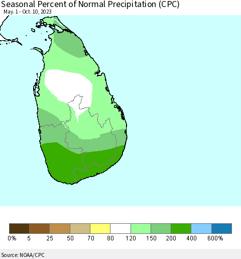 Sri Lanka Seasonal Percent of Normal Precipitation (CPC) Thematic Map For 5/1/2023 - 10/10/2023