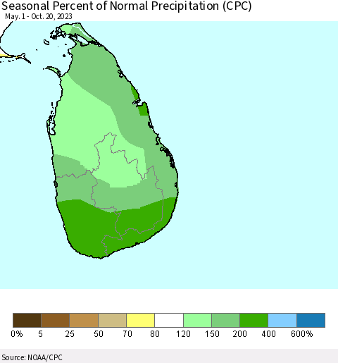 Sri Lanka Seasonal Percent of Normal Precipitation (CPC) Thematic Map For 5/1/2023 - 10/20/2023