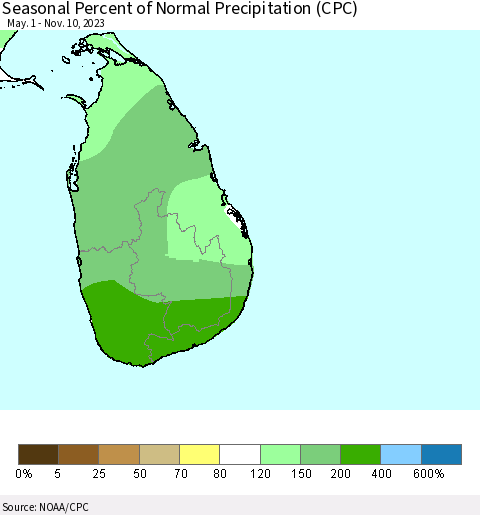 Sri Lanka Seasonal Percent of Normal Precipitation (CPC) Thematic Map For 5/1/2023 - 11/10/2023