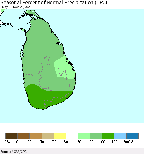 Sri Lanka Seasonal Percent of Normal Precipitation (CPC) Thematic Map For 5/1/2023 - 11/20/2023