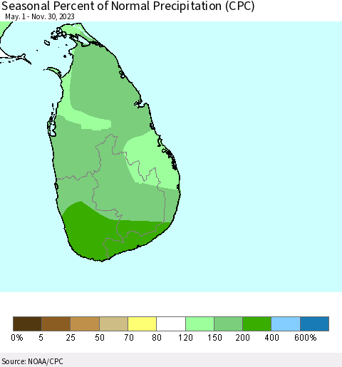 Sri Lanka Seasonal Percent of Normal Precipitation (CPC) Thematic Map For 5/1/2023 - 11/30/2023