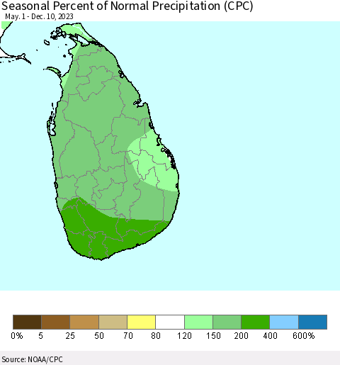 Sri Lanka Seasonal Percent of Normal Precipitation (CPC) Thematic Map For 5/1/2023 - 12/10/2023