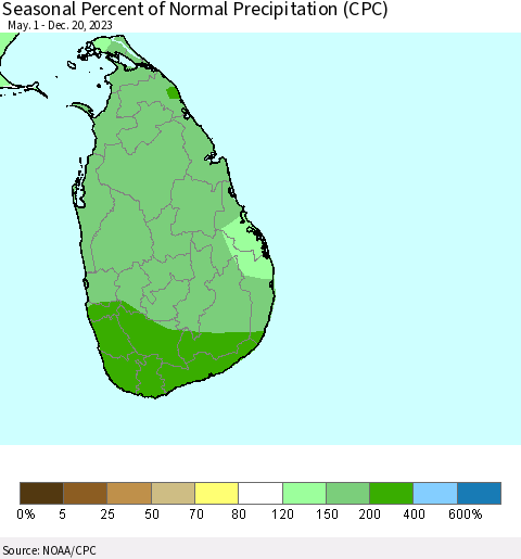 Sri Lanka Seasonal Percent of Normal Precipitation (CPC) Thematic Map For 5/1/2023 - 12/20/2023
