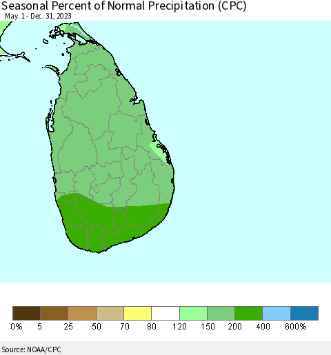 Sri Lanka Seasonal Percent of Normal Precipitation (CPC) Thematic Map For 5/1/2023 - 12/31/2023