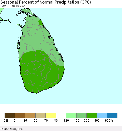Sri Lanka Seasonal Percent of Normal Precipitation (CPC) Thematic Map For 10/1/2023 - 2/10/2024