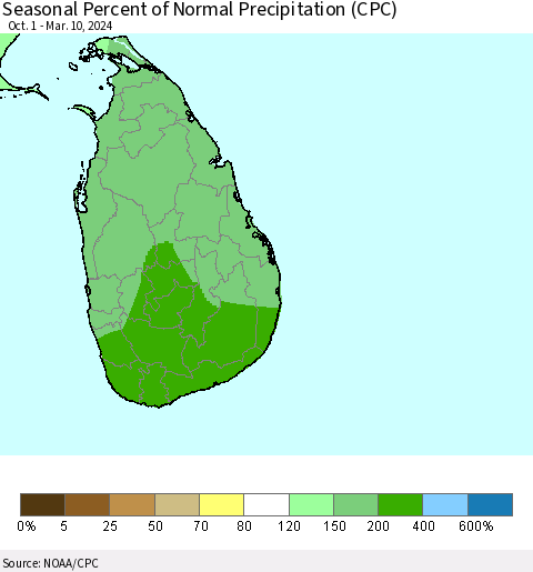 Sri Lanka Seasonal Percent of Normal Precipitation (CPC) Thematic Map For 10/1/2023 - 3/10/2024