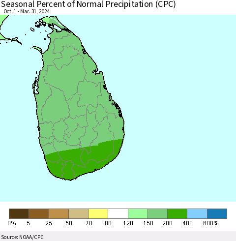 Sri Lanka Seasonal Percent of Normal Precipitation (CPC) Thematic Map For 10/1/2023 - 3/31/2024