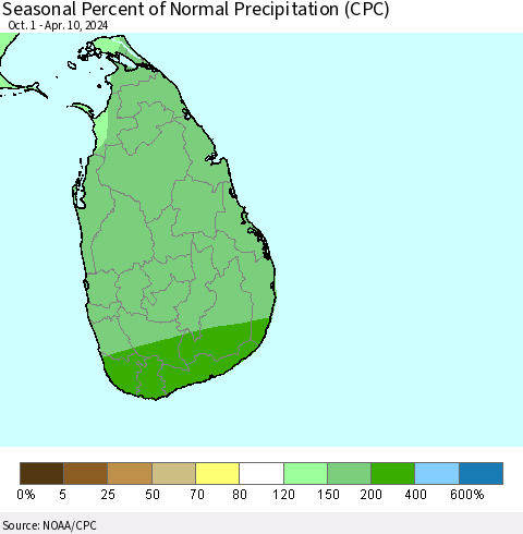 Sri Lanka Seasonal Percent of Normal Precipitation (CPC) Thematic Map For 10/1/2023 - 4/10/2024