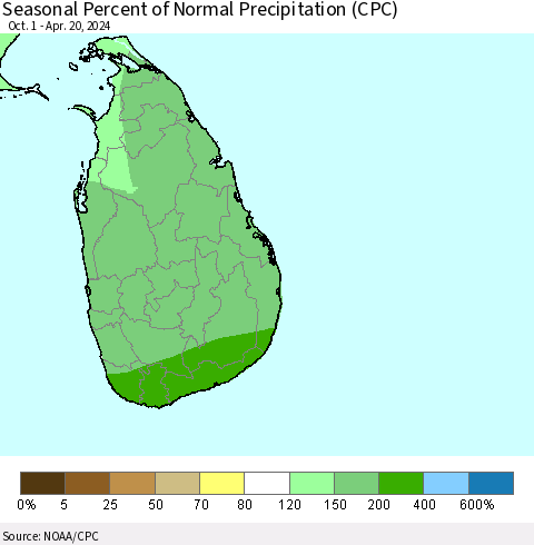 Sri Lanka Seasonal Percent of Normal Precipitation (CPC) Thematic Map For 10/1/2023 - 4/20/2024