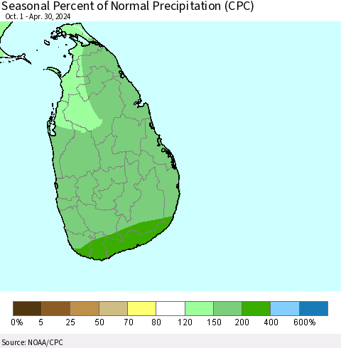 Sri Lanka Seasonal Percent of Normal Precipitation (CPC) Thematic Map For 10/1/2023 - 4/30/2024