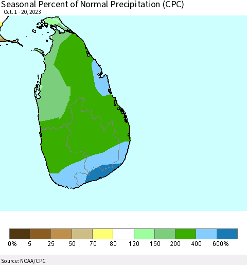 Sri Lanka Seasonal Percent of Normal Precipitation (CPC) Thematic Map For 10/1/2023 - 10/20/2023