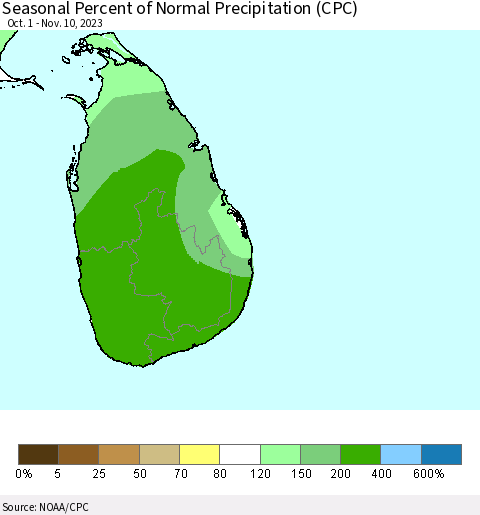 Sri Lanka Seasonal Percent of Normal Precipitation (CPC) Thematic Map For 10/1/2023 - 11/10/2023