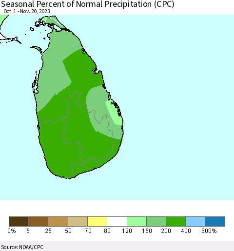 Sri Lanka Seasonal Percent of Normal Precipitation (CPC) Thematic Map For 10/1/2023 - 11/20/2023