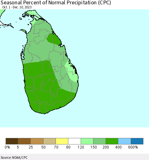Sri Lanka Seasonal Percent of Normal Precipitation (CPC) Thematic Map For 10/1/2023 - 12/10/2023