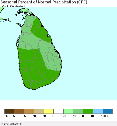 Sri Lanka Seasonal Percent of Normal Precipitation (CPC) Thematic Map For 10/1/2023 - 12/20/2023